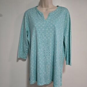 LL Bean Large Green Geometric 3/4 Sleeve Split Neck Cotton Tunic Top 506842 EUC